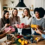 A group of friends gathered in a cozy kitchen exchanging thoughtful gifts of clever kitchen gadgets Laughter and excitement fill the air as they unwrap and admire their new tools