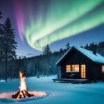 A hyggelig hytte gemt i en sneklædt svensk skov med en knitrende ild og nordlyset dansende på himlen ovenfor