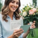 En person holder en buket blomster og et kort smilende mens de skriver en inderlig besked