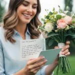 En person holder en buket blomster og et kort smilende mens de skriver en inderlig besked