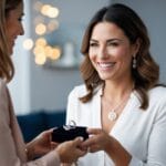 A woman smiles as she receives a personalized piece of jewelry a thoughtful and perfect gift